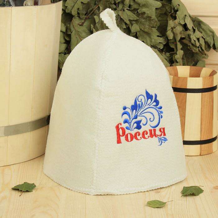 Банная шапка с вышивкой  "Россия", красная надпись, первый сорт 