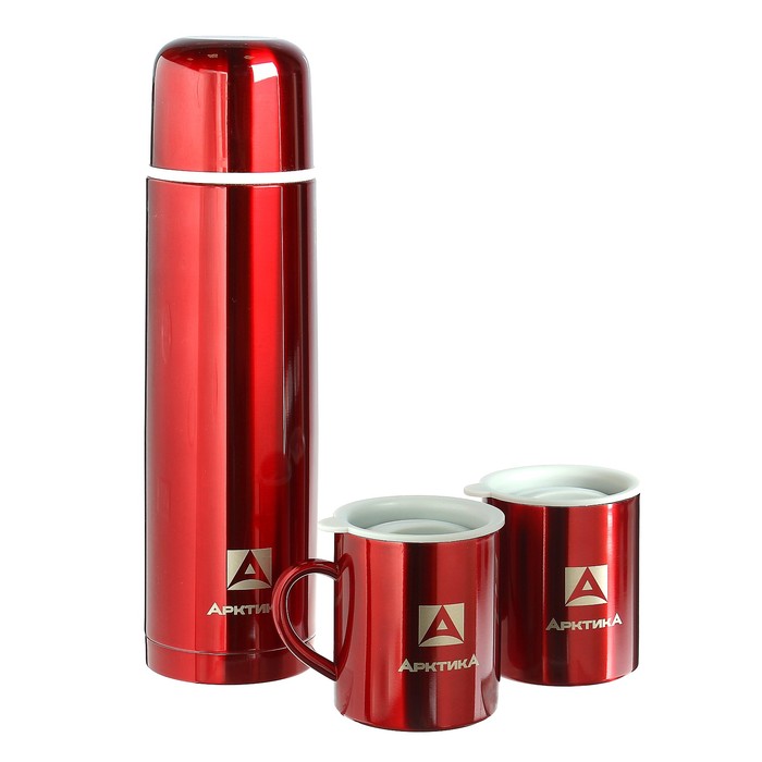 Набор "Арктика": термос вакуумный для напитков 1 л,2 кружки невакуумные 300 мл,красный, микс 1167142 