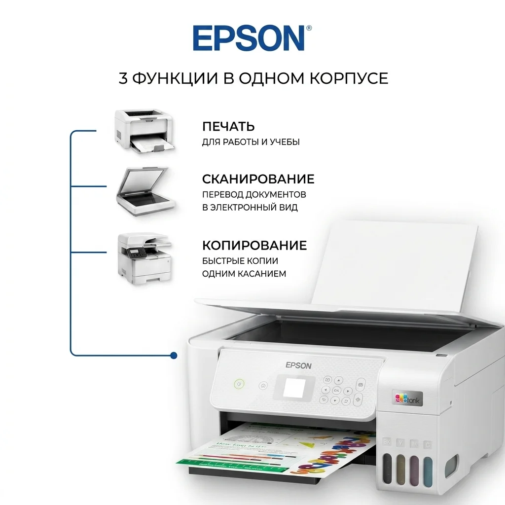 Epson ағысты КФҚ EcoTank L3266 (СНПЧ, Wi-Fi, түрлі түсті басып шығару) - фото 5