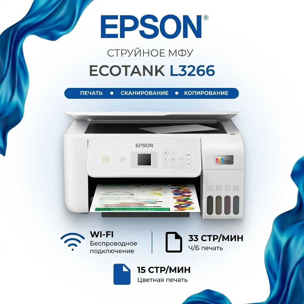 Epson ағысты КФҚ EcoTank L3266 (СНПЧ, Wi-Fi, түрлі түсті басып шығару) - фото 2