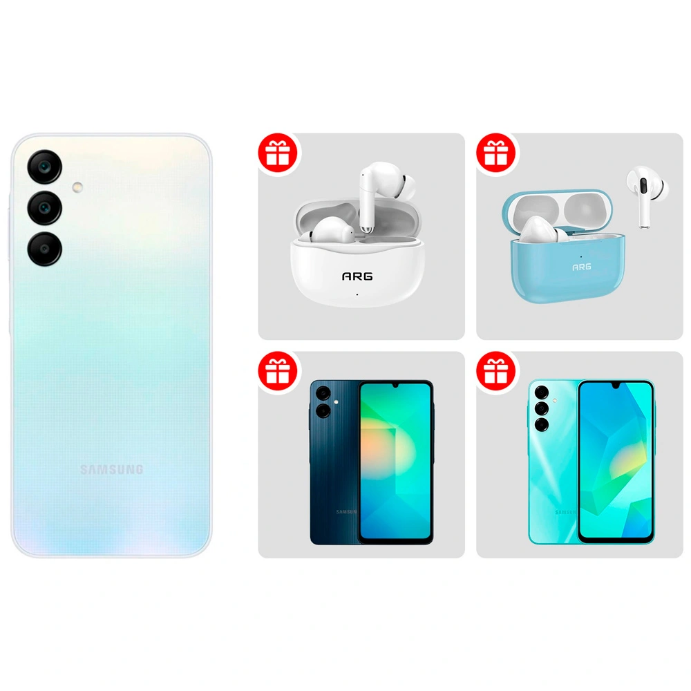 Жиынтық Samsung смартфоны Galaxy A25 5G 6/128GB Light Blue + Смартфон Samsung Galaxy A06 6/128GB Black + Samsung Смартфоны Galaxy A16 128GB light green SM-A165FLGGSKZ + ARG құлаққаптары T11 White + TWS Наушники ARG MA3 Blue 