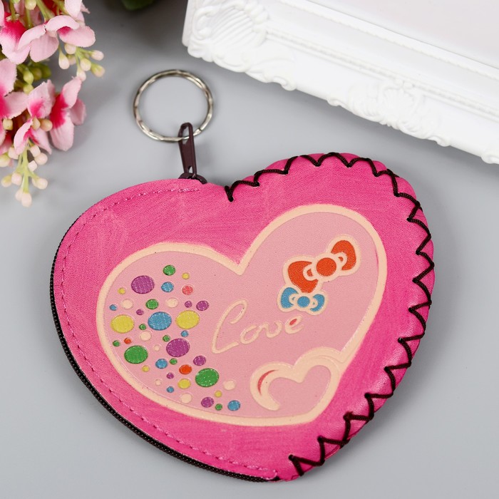 Брелок кошелёк кожзам "Сердечко love" розовый 10х12 см 