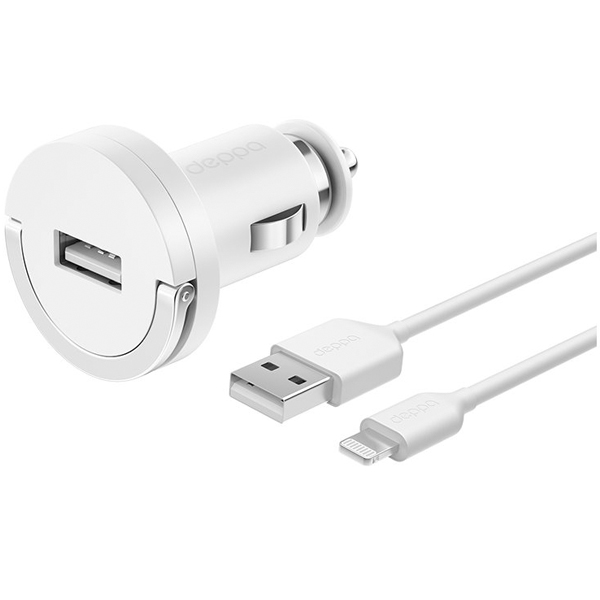 Автомобильное зарядное устройство Deppa USB 1А Ultra кабель 8-pin для Apple MFI White