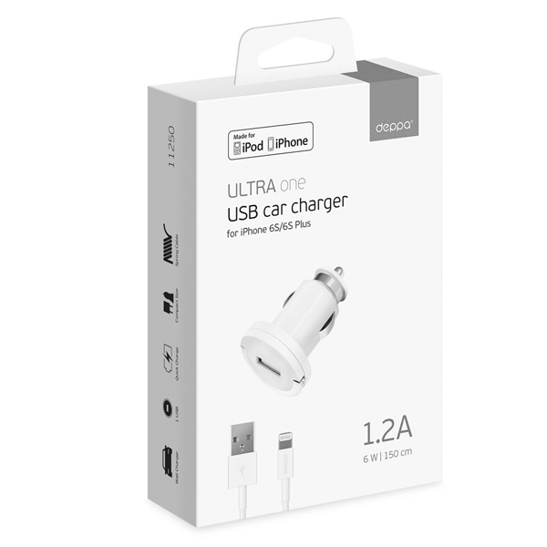 Автомобильное зарядное устройство Deppa USB 1А Ultra кабель 8-pin для Apple MFI White
