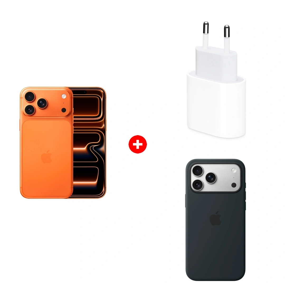 Жиынтық Apple 20W USB-C (MD3J4ZM/A) + Apple iPhone 17 Pro Max 12/256GB Cosmic Orange + Apple для iPhone 17 Pro Max Silicone Case with MagSafe – Black MGFR4ZM/A 