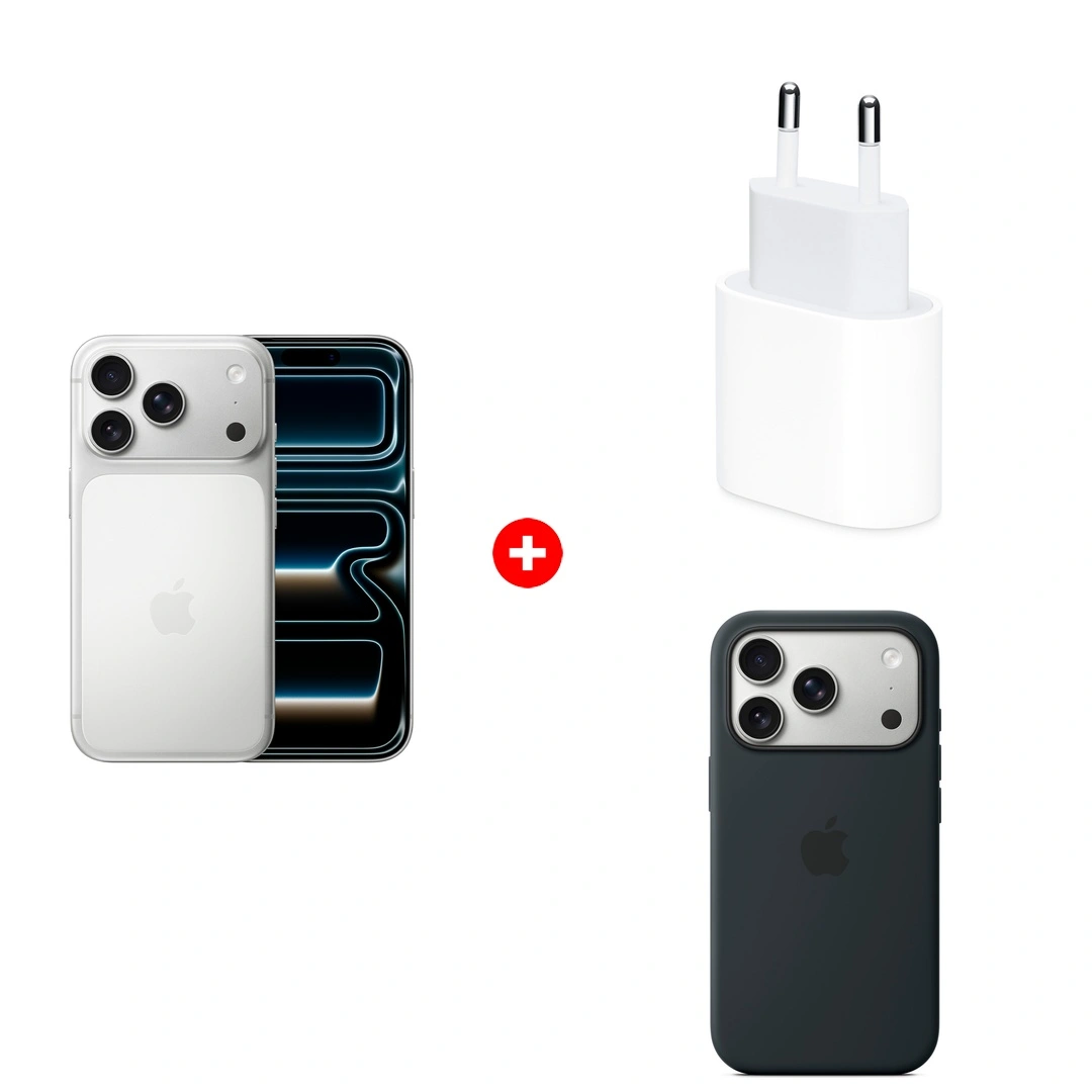 Жиынтық Apple 20W USB-C (MD3J4ZM/A) + Apple iPhone 17 Pro 12/256GB Silver + Apple для iPhone 17 Pro Silicone Case with MagSafe Black (MGFK4ZM/A) 
