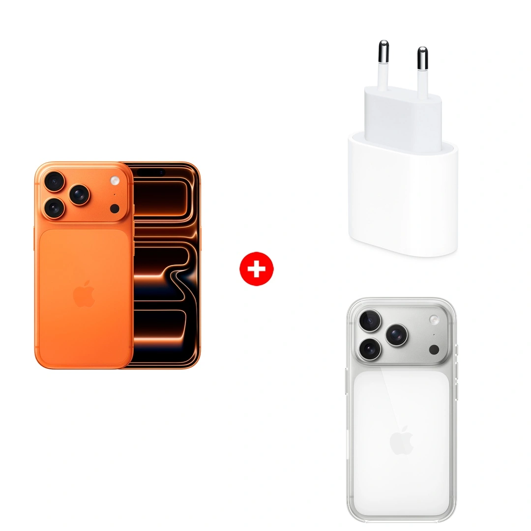 Жиынтық Apple 20W USB-C (MD3J4ZM/A) + Apple iPhone 17 Pro 12/256GB Cosmic Orange + Apple для iPhone 17 Pro Clear Case with MagSafe MGFT4ZM/A 