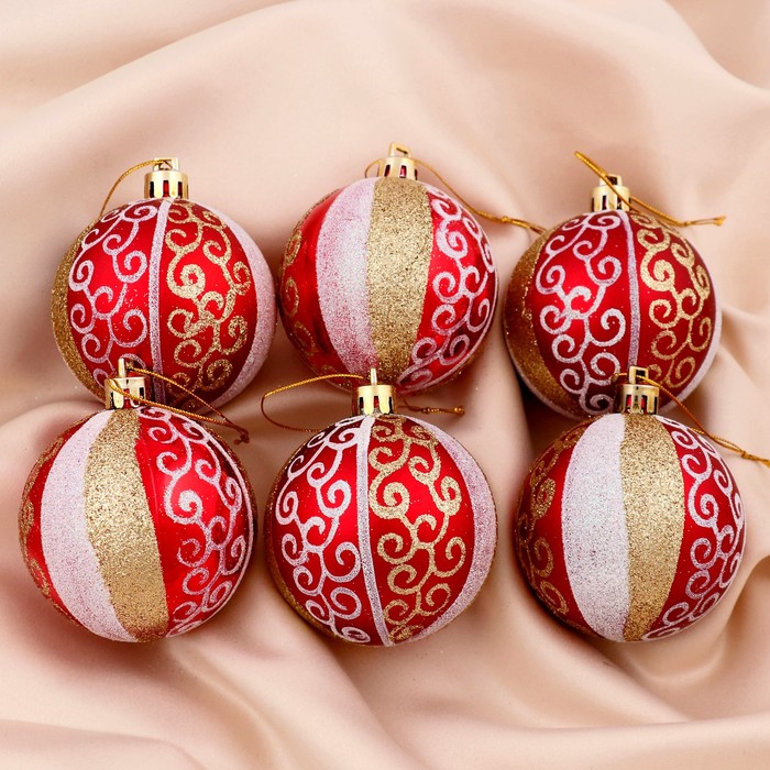 Новогодние шары "Кружева" (набор 8 шт.), красные с полосками 