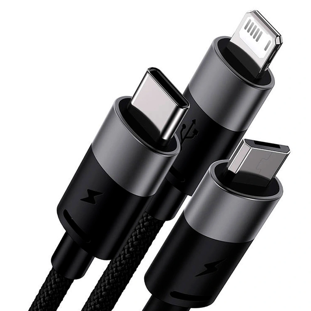 Интерфейсный кабель Baseus StarSpeed 1-for-3 USB to M+L+C 3.5A 1.2m Black (CAXS000001)  - фото 2