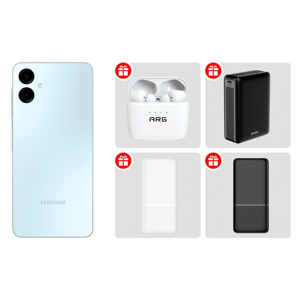 Комплект TWS Наушники ARG J8 White + Смартфон Samsung Galaxy A06 4/64GB Light Blue + Power Bank ARG 20000mAh Black (ARG20000TB20) + Power Bank Acron 10000XW10 10000mAh White + Power Bank Acron 10000XB10 10000mAh Black 