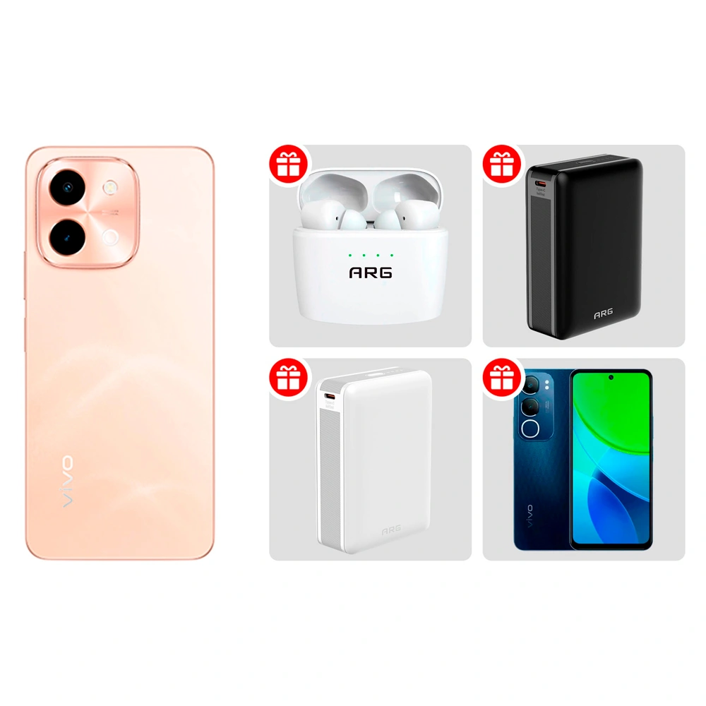 Комплект TWS Наушники ARG J8 White + Смартфоны VIVO Y28 8/128GB Gleaming Orange + Смартфон VIVO Y19s 4/128 Black + Power Bank ARG 20000mAh Black (ARG20000TB20) + Power Bank ARG 20000mAh White (ARG20000TW20) 