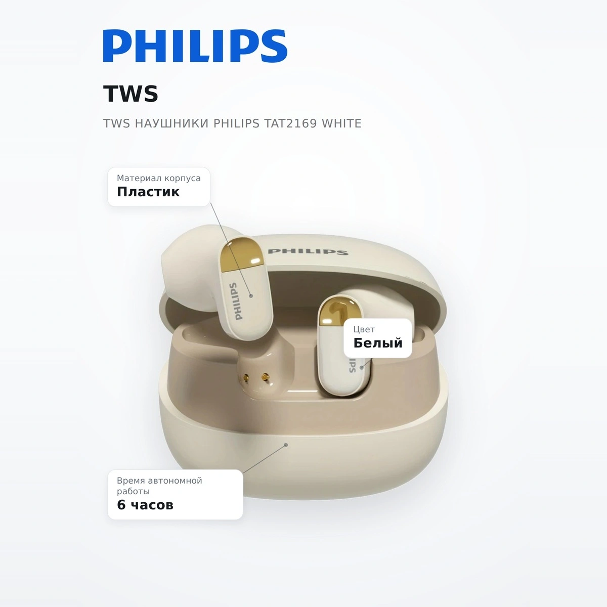 TWS Наушники Philips TAT2169 White - фото 7