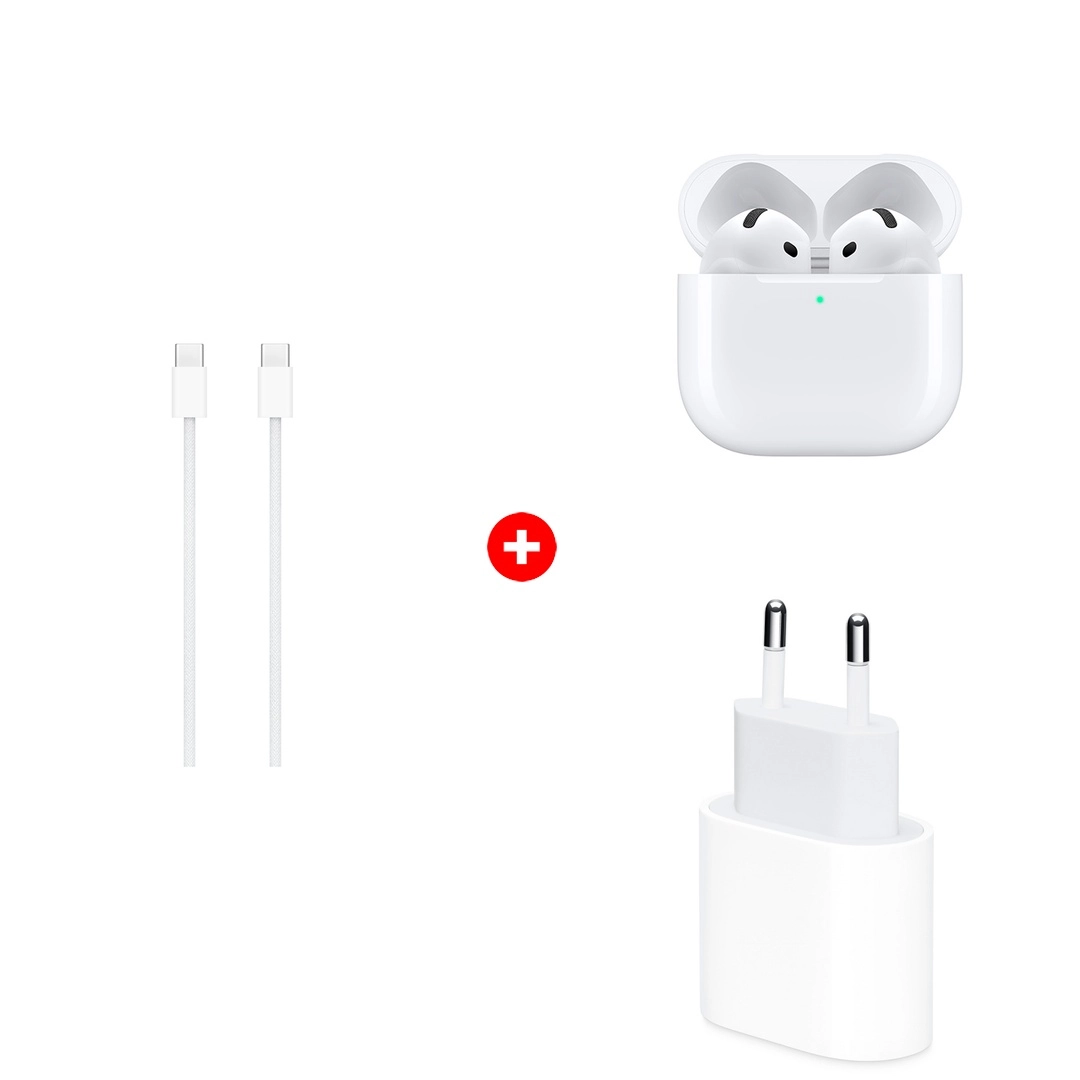Комплект Apple AirPods 4th Gen (MXP63ZE/A) + Apple 20W USB-C (MD3J4ZM/A) + Apple Type-C to Type-C MW493ZM/A 