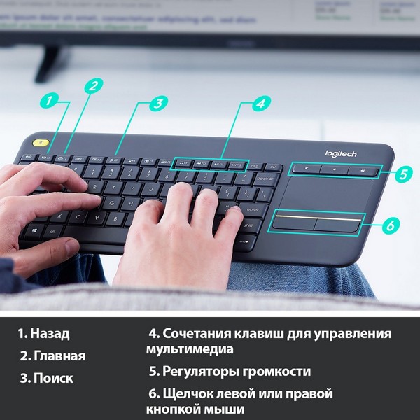 Logitech сымсыз пернетақта K400 Plus Touch Keyboard (920-007147)