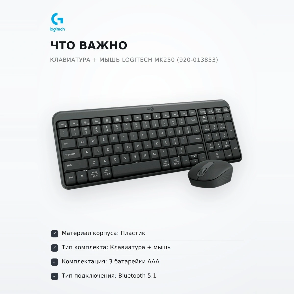 Logitech сымсыз пернетақта + тінтуір жинағы MK250 (920-013853) - фото 6