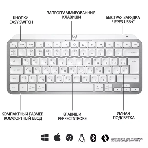 Клавиатура беспроводная Logitech MX Keys Mini Light Gray 920-010502 - фото 2