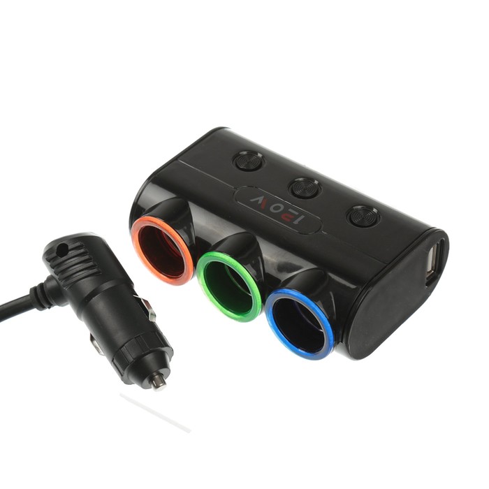 Разветвитель прикуривателя, 3 гнезда 2 USB с подсветкой  и вкл/ выкл черный 