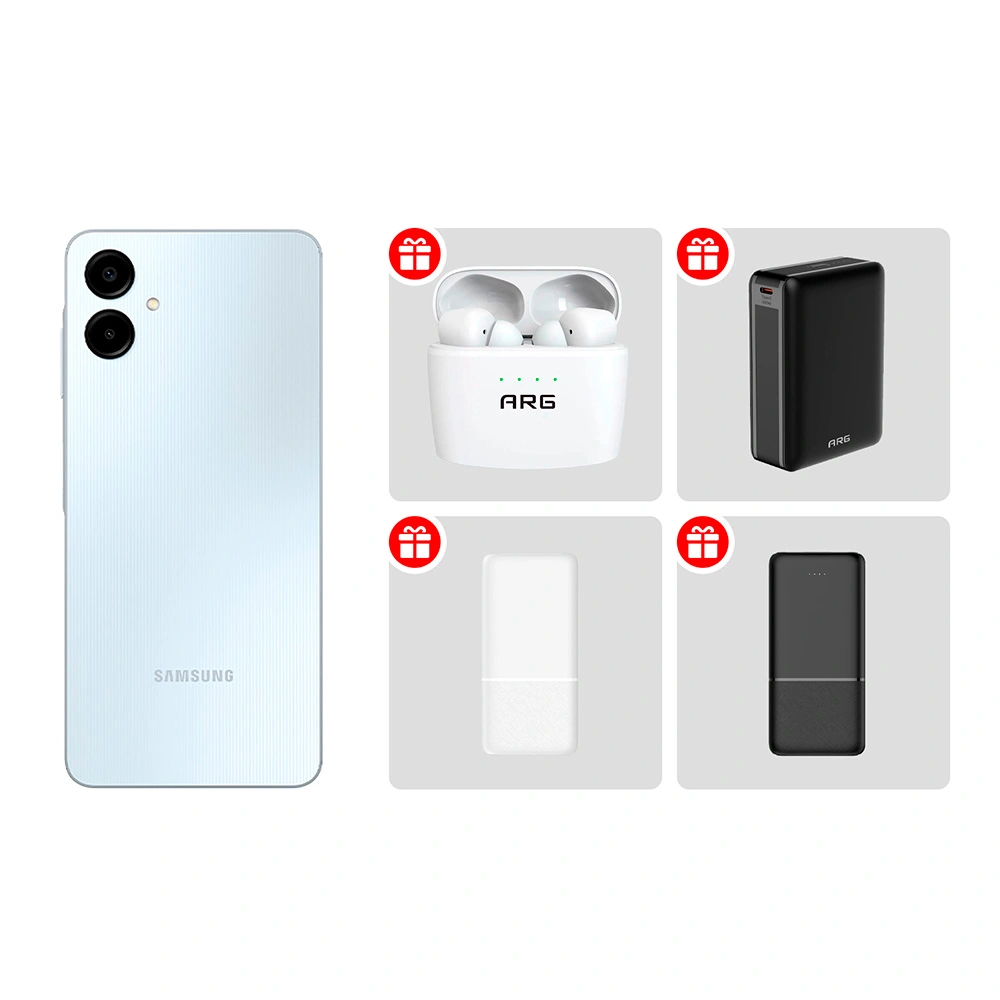 Комплект Power Bank ARG 20000mAh Black (ARG20000TB20) + Power Bank Acron 10000XW10 10000mAh White + Power Bank Acron 10000XB10 10000mAh Black + Смартфон Samsung Galaxy A06 4/64GB Light Blue + TWS Наушники ARG J8 White 