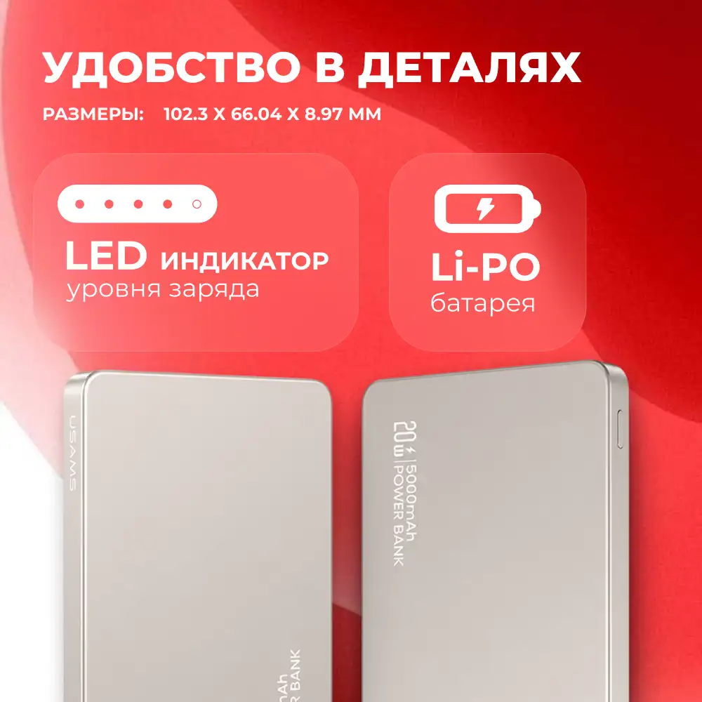 Power Bank Usams CD231 Wireless PD20W 5000mAh 5KCD23102 Titanium  - фото 6