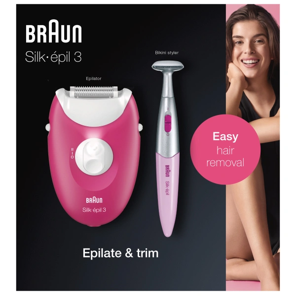 Эпилятор Braun Silk-epil 3-420, сухая эпиляция, с триммером для бикини и подсветкой, малиновый - фото 8