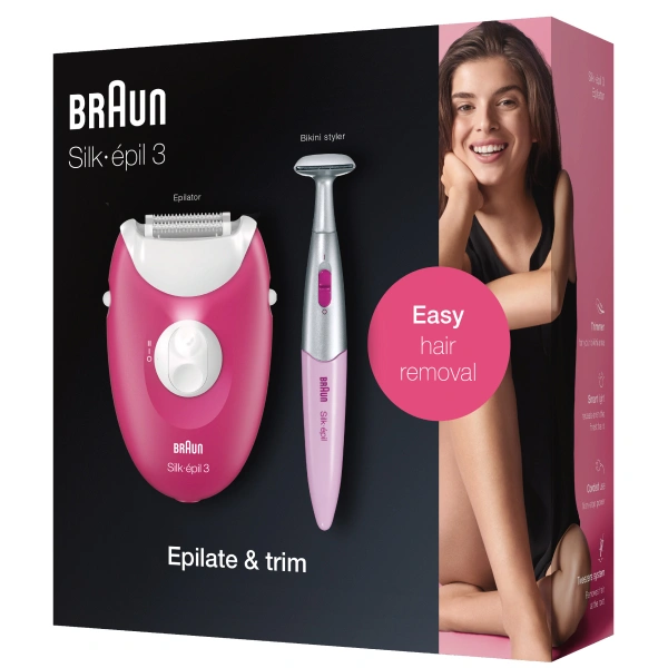 Эпилятор Braun Silk-epil 3-420, сухая эпиляция, с триммером для бикини и подсветкой, малиновый - фото 9