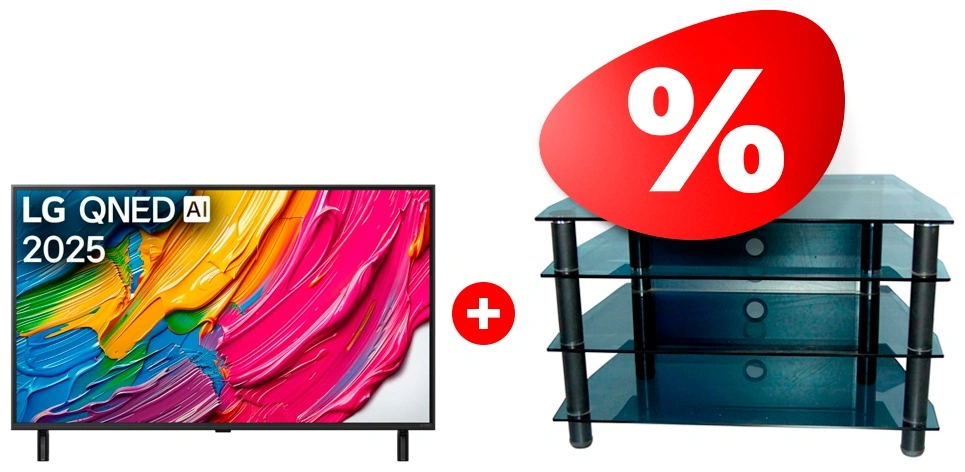 Жиынтық Стеклокомплекс сөресі ТV-SR 921/4 + QNED теледидары LG 75QNED80A6A 