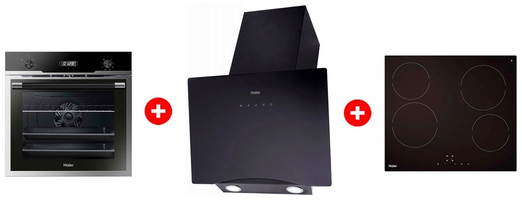 Комплект Вытяжка Haier HVX-W692GB + Стеклокерамическая варочная поверхность Haier HHY-C64NVTB + Встраиваемый духовой шкаф Haier HOD-PM08VGBX 