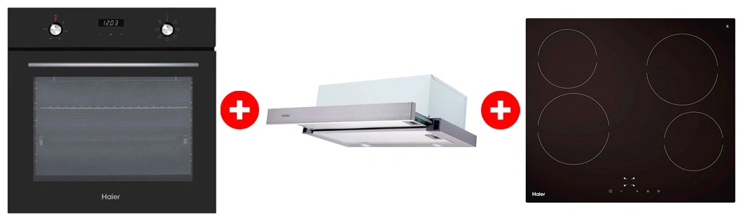 Комплект Вытяжка Haier HVX-T671X + Стеклокерамическая варочная поверхность Haier HHY-C64NVTB + Встраиваемый духовой шкаф Haier HOX-P06HGB 