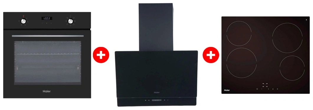 Комплект Вытяжка Haier HVX-W672GB + Стеклокерамическая варочная поверхность Haier HHY-C64NVTB + Встраиваемый духовой шкаф Haier HOX-P06HGB 