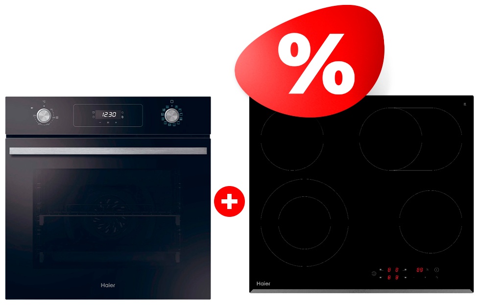 Жиынтық Haier шыны керамикалық плитасы HHY-C64ROVB + Встраиваемый духовой шкаф Haier HOD-P12CTGB 