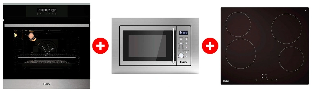 Комплект Встраиваемая микроволновая печь Haier HMX-BDG259LX + Стеклокерамическая варочная поверхность Haier HHY-C64NVTB + Встраиваемый духовой шкаф Haier HOX-FP3ABX 