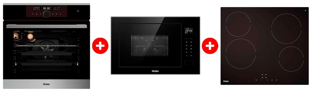 Комплект Встраиваемая микроволновая печь Haier HMX-BTG259B + Стеклокерамическая варочная поверхность Haier HHY-C64NVTB + Встраиваемый духовой шкаф Haier HOX-FP5RABX 