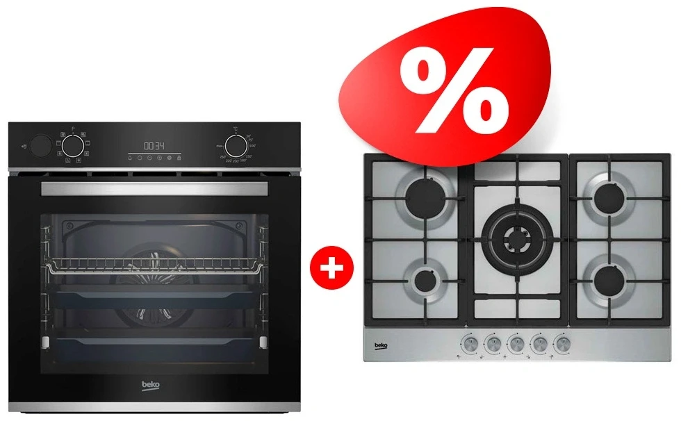 Комплект Газовая варочная поверхность Beko HIAW 75225 SX + Встраиваемый духовой шкаф Beko BBIS13300XMSE 