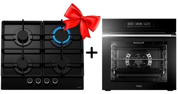 Комплект Газовая варочная поверхность Haier HHX-G64CNB + Встраиваемый духовой шкаф Haier HOQ-F5AAGB 