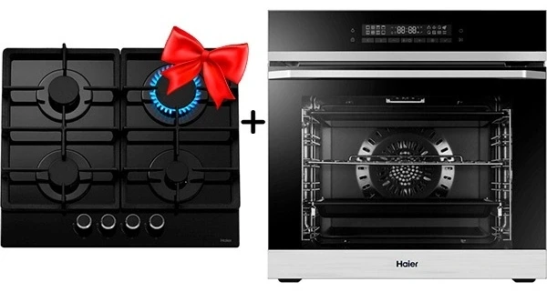 Жиынтық Haier газ пісіру беті HHX-G64CNB +  Haier тұмша шкафы HOQ-P16AN5SX 