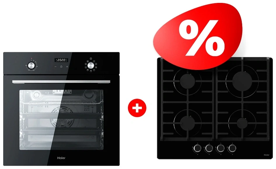 Жиынтық Haier газ пісіру беті HHX-G64CNB + Встраиваемый духовой шкаф Haier HOX-P09CGB 