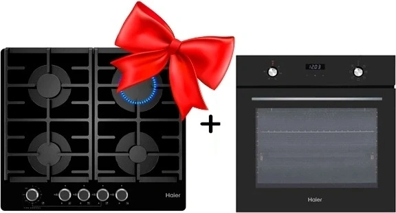 Комплект Газовая варочная поверхность Haier HHX-G64CNMB + Встраиваемый духовой шкаф Haier HOX-P06HGB 