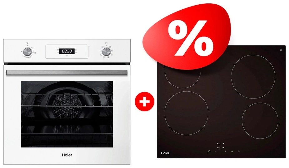 Жиынтық Haier кіріктірілетін пеші HOD-P08TGW + Стеклокерамическая варочная поверхность Haier HHY-C64NVTB 