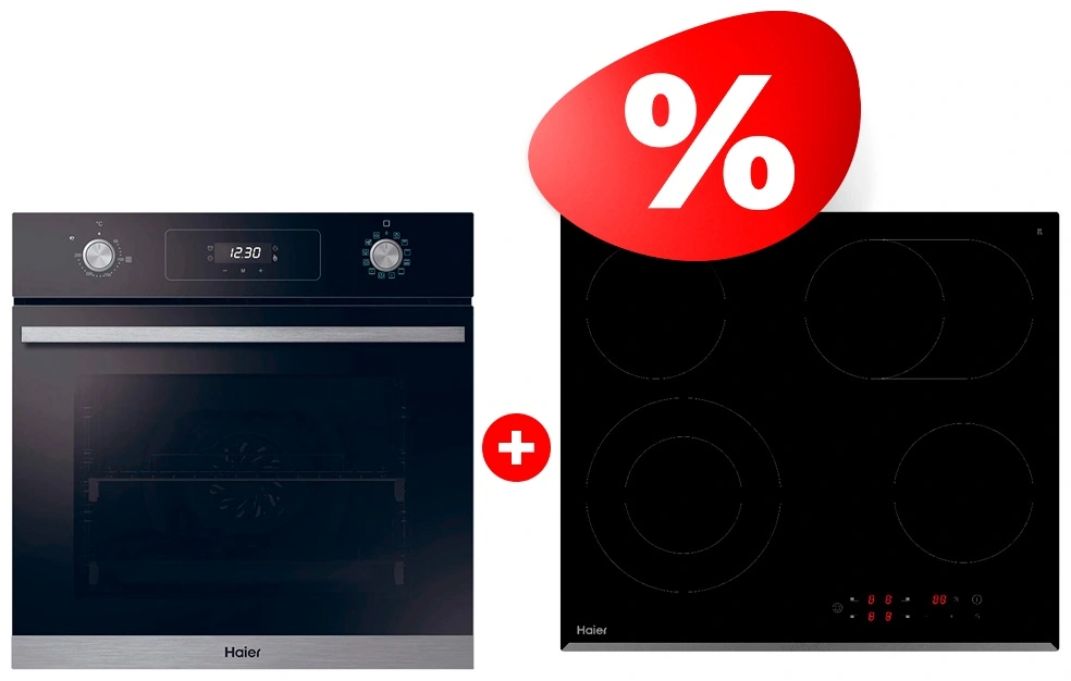 Жиынтық Встраиваемый духовой шкаф Haier HOD-P12CTBX + Haier шыны керамикалық плитасы HHY-C64ROVB 