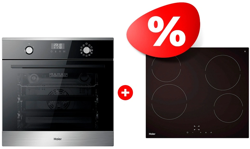 Комплект Встраиваемый духовой шкаф Haier HOX-P11CGBX + Стеклокерамическая варочная поверхность Haier HHY-C64NVTB 