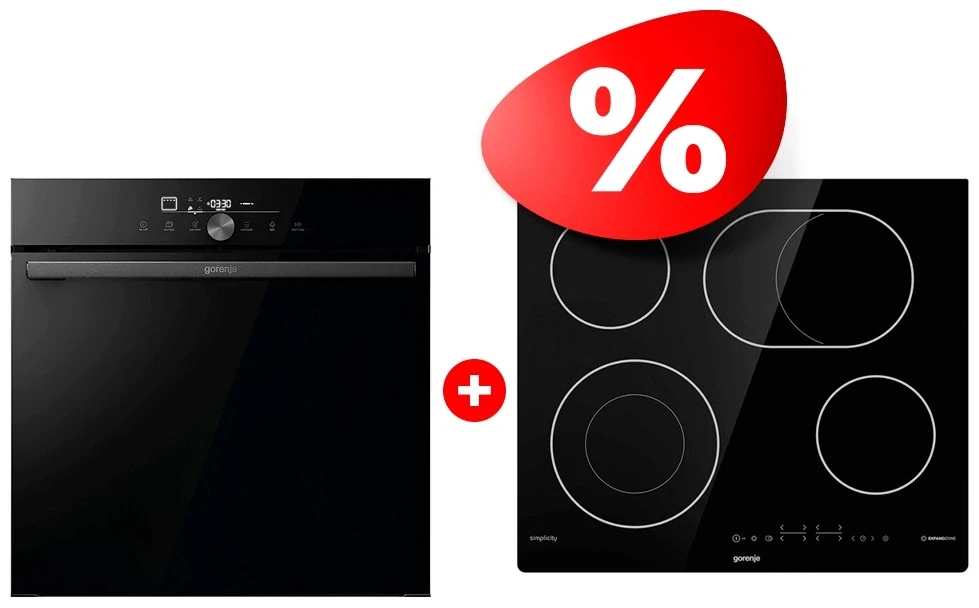 Жиынтық Gorenje кіріктірілетін электр пеші GO66E PIZZA350C + Gorenje электр пісіру беті ECT643SYB 
