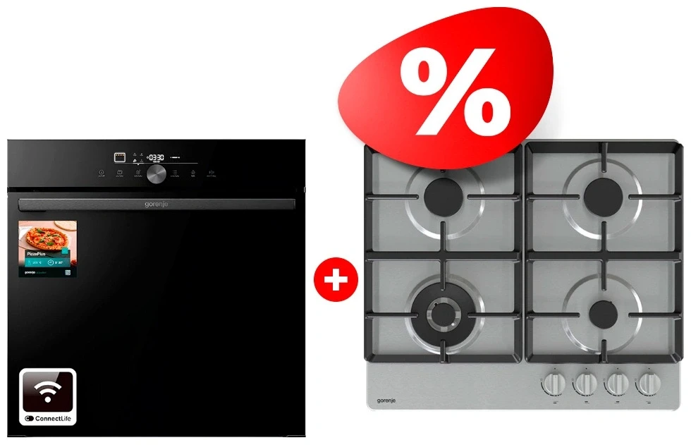 Жиынтық Gorenje кіріктірілетін электр пеші GO66E PIZZA350C + Газовая варочная панель Gorenje GW641XHF 