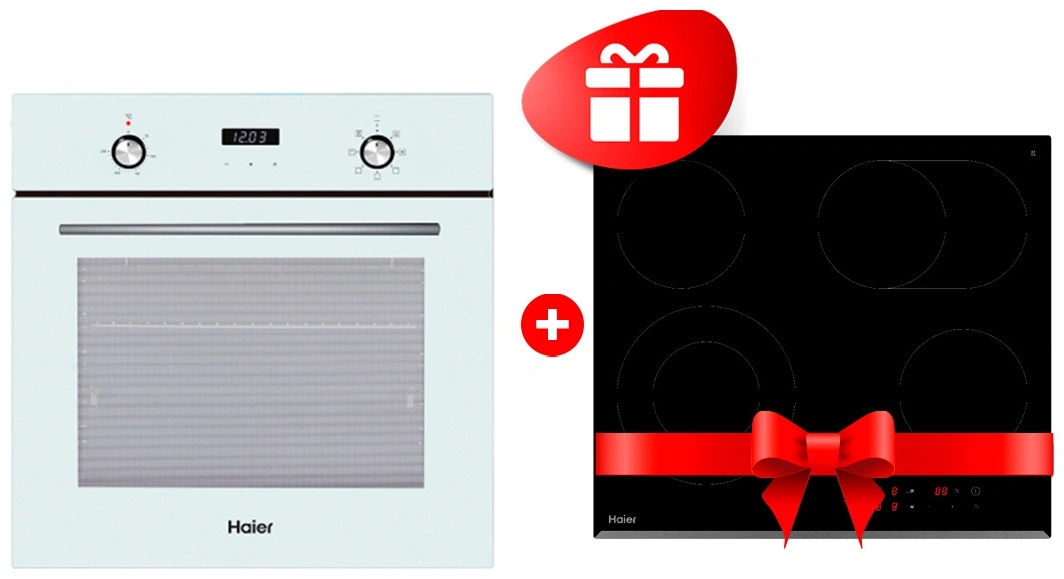 Комплект Встраиваемый духовой шкаф Haier HOX-P06HGW + Стеклокерамическая варочная поверхность Haier HHY-C64ROVB 