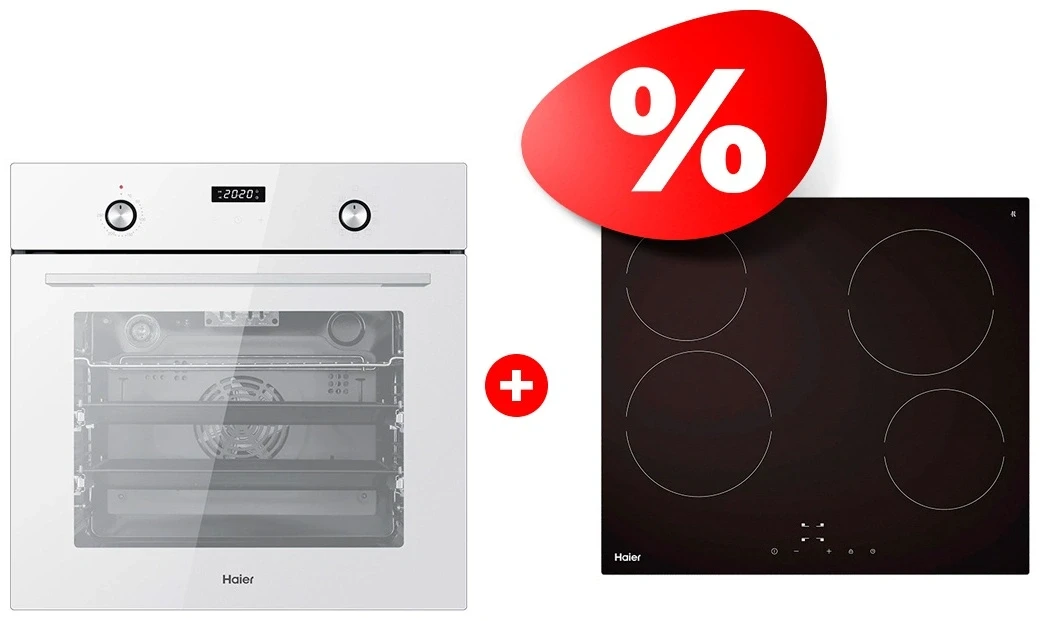 Жиынтық Встраиваемый духовой шкаф Haier HOX-P09CGW + Стеклокерамическая варочная поверхность Haier HHY-C64NVTB 
