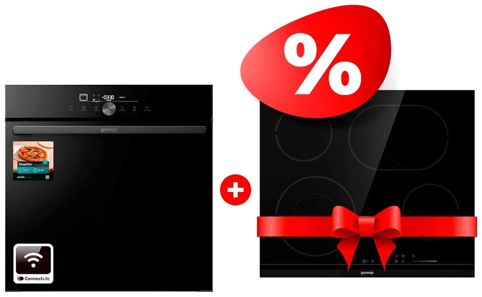 Жиынтық Gorenje кіріктірілетін электр пеші GO66E PIZZA350C + Gorenje электрлік пісіру беті ECS643BCSC 