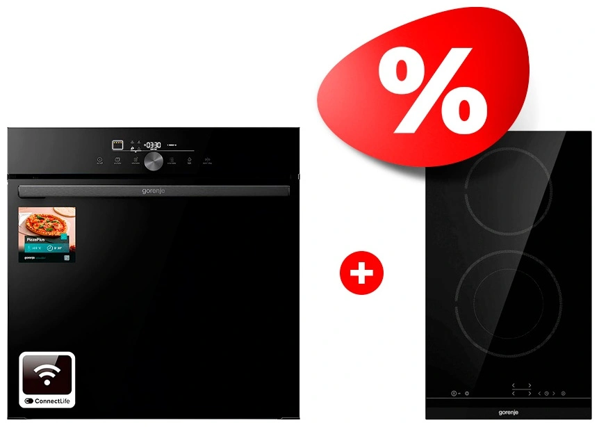 Жиынтық Gorenje кіріктірілетін электр пеші GO66E PIZZA350C + Gorenje электрлік пісіру беті ECT322BCSC 