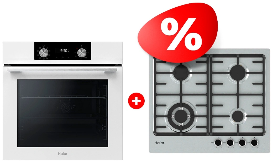 Жиынтық Haier Кірістірілетін пеші HOQ-K2ANN3WB + Haier газ пісіру беті HHX-M64CWFX 