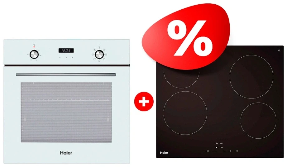 Комплект Встраиваемый духовой шкаф Haier HOX-P06HGW + Стеклокерамическая варочная поверхность Haier HHY-C64NVTB 