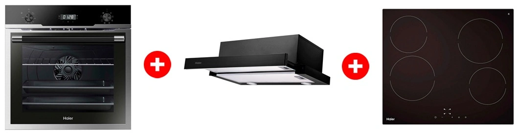 Жиынтық Haier кіріктірілген тұмшапеш HOD-PM08VGBX + Haier ауа сорғышы HVX-T671B + Стеклокерамическая варочная поверхность Haier HHY-C64NVTB 