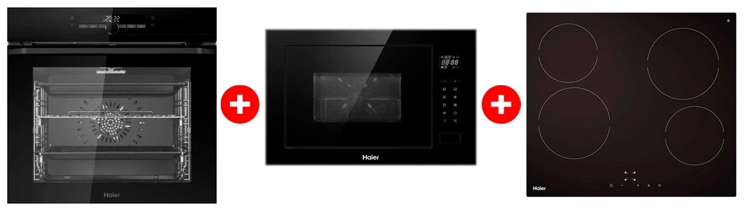 Комплект Встраиваемый духовой шкаф Haier HOQ-F6CASGB + Стеклокерамическая варочная поверхность Haier HHY-C64NVTB + Встраиваемая микроволновая печь Haier HMX-BTG259B 